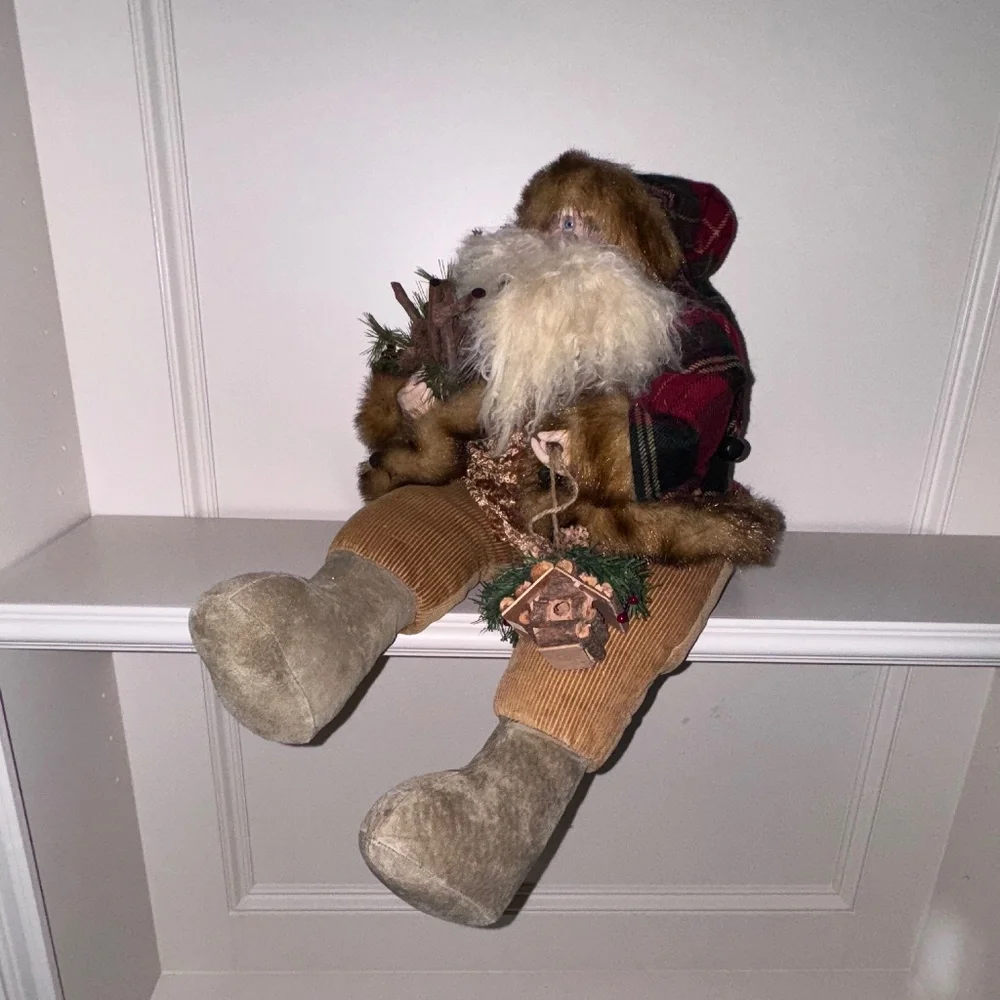 Vintage Santa Claus Shelf Sitter Red/Green Plaid Birdhouse Pinecones Berries - Picture 2 of 7